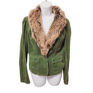 Vintage Y2K Penny Lane Corduroy Faux Fur Green Jacket Hippie S/M